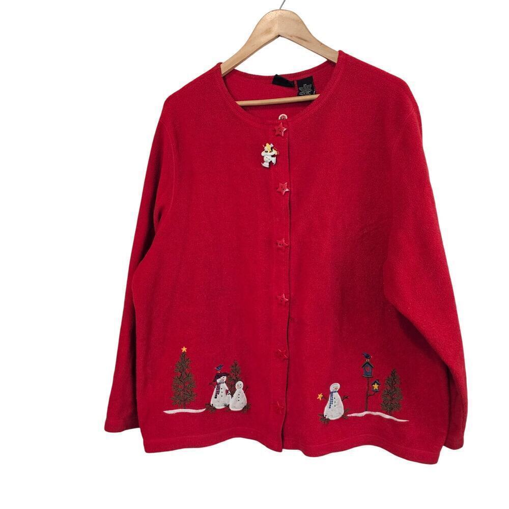 Vintage Christmas Cardigan Women 2X Red Fleece Holiday Party Cottage Granny